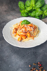 spaghetti pasta chicken tomato sauce fresh healthy meal food snack diet on the table copy space food background rustic top view