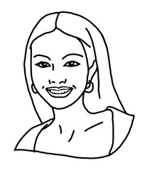 Beautiful young woman smiling with white teeth. Model girl for beauty salon, hairdressing, cosmetic shop. Girl with long blond hair and big eyes. Hand drawn illustration. Comic cartoon style drawing.