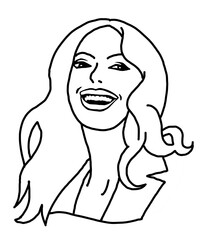 Beautiful young woman smiling with white teeth. Model girl for beauty salon, hairdressing, cosmetic shop. Girl with long blond hair and big eyes. Hand drawn illustration. Comic cartoon style drawing.