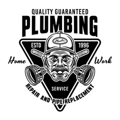 Plumbing service and pipe replacement vector vintage emblem, label, badge or logo with plumber man head in cap hat. Illustration in monochrome style isolated on white background