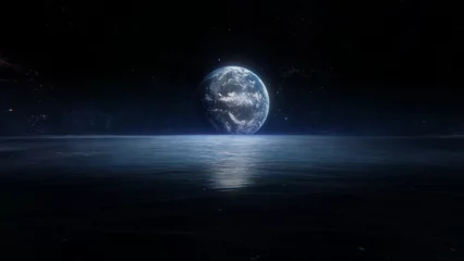 Abwaschbare Fototapete Vollmond und Bäume Die Erde steigt mit flüssigem Wasser über dem Ozean des Jupitermondes Europa auf. Fiktives Konzept 3D-Illustration, die die Suche nach Leben im Weltraum oder zukünftiges Terraforming darstellt. Beruhigende und ätherische Sci-Fi-Kulisse