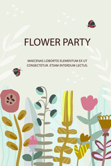 Modern boho postcard. Ladybug, flowers in pastel colors. Composition of flowers and insects. Space for text in the middle.