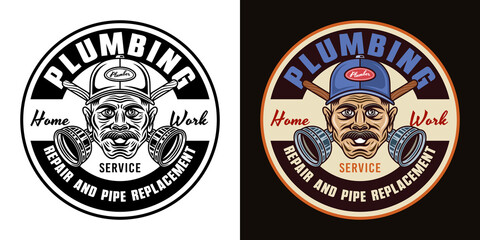 Plumbing service and pipe replacement vector vintage round emblem, label, badge or logo with plumber man. Illustration in two styles black on white and colorful on dark background