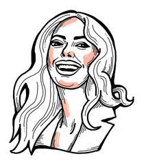 Beautiful young woman smiling with white teeth. Model girl for beauty salon, hairdressing, cosmetic shop. Girl with long blond hair and big eyes. Hand drawn illustration. Comic cartoon style drawing.