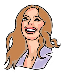 Beautiful young woman smiling with white teeth. Model girl for beauty salon, hairdressing, cosmetic shop. Girl with long blond hair and big eyes. Hand drawn illustration. Comic cartoon style drawing.