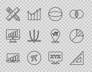 Set line Laptop with graph chart, Triangular ruler, Geometric figure Sphere, Pi symbol, Crossed and pencil, Graph, schedule, diagram, XYZ Coordinate system and Pie infographic icon. Vector