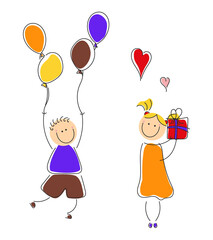 Children's characters in doodle style. Happy Birthday! Inflatable balloons and gift. Gift card, greeting card.