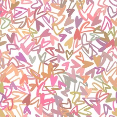 Seamless vector pattern made of small sketchy various color hearts on white background. Pink shades minimalistic romantic background.