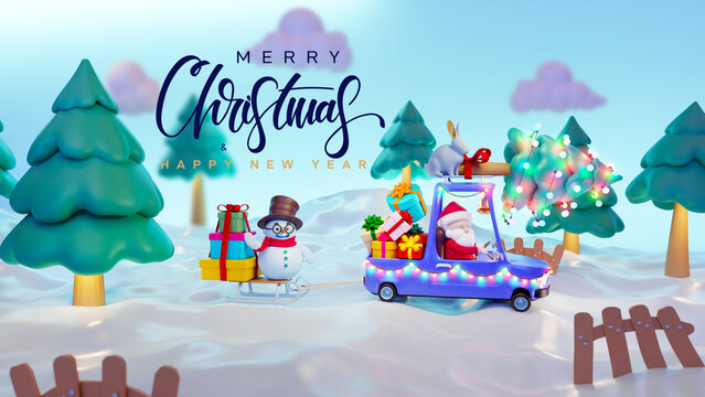 Happy New Year. Santa Claus is carrying a Christmas tree with a rabbit in a cheerful car. Christmas 3d render design, banner, modern poster, holiday flyer, brochure, postcard. Winter 3d illustration.