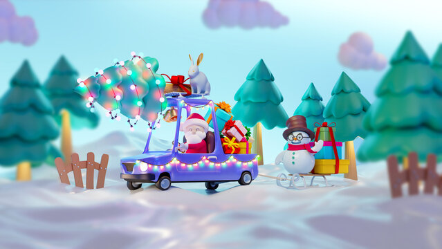 Merry Christmas. Santa Claus is carrying a Christmas tree with a rabbit in a cheerful car. Christmas 3d render design, banner, modern poster, holiday flyer, brochure, postcard. Winter 3d illustration.