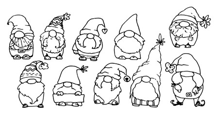 funny dwarfs. hand-drawn gnomes in the style of doodles with a black line. isolated bearded little full-length creatures in hats and caps of different shapes for label design template, postcards