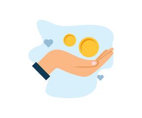 Donate to charity foundation icon design. Hand gets help donated money coin vector design. Donations and charity, volunteer donation logo design