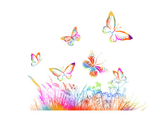 Fototapeta na wymiar Colorful silhouettes of grass, flowers and butterflies. Abstract floral vector background