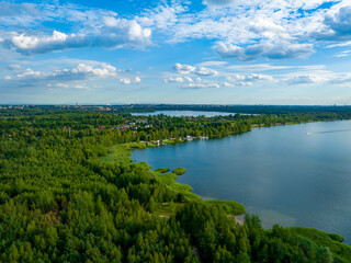 Fototapeta na wymiar Pogoria IV lake in Dabrowa Gornicza Aerial View. Popular tourist destination in Zaglebie. Silesian Voivodeship, Poland. 