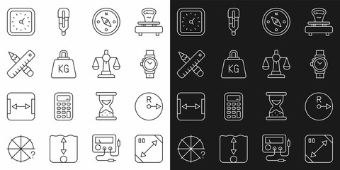 Set line Diagonal measuring, Radius, Wrist watch, Compass, Weight, Crossed ruler and pencil, Clock and Scales of justice icon. Vector