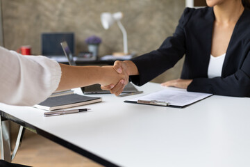 Handshake. Businesswoman shaking hands with business partners after negotiating an agreement in the office.