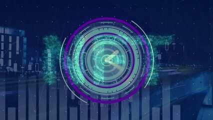 Animation of nft text, moving clock and data processing over cityscape - Powered by Adobe