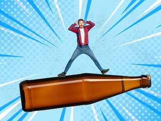 Astonished man standing on giant beer bottle. Contemporary art collage. magazine style. Concept of festival, holidays, party, beer, drinks and snacks, oktoberfest, ad and sales.