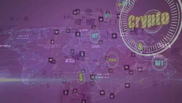 Animation of currency symbols over world map and data processing