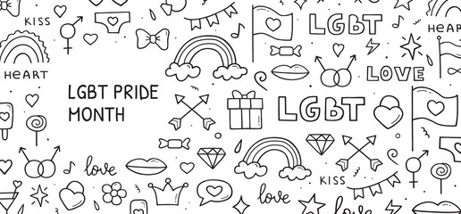 Hand drawn doodle set of LGBT theme items. Horizontal banner template. Sketch style illustration.
