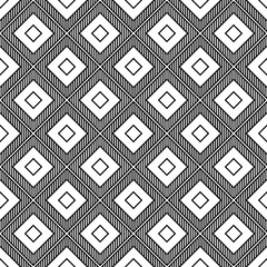 Repeated black diamonds and strokes. Ikat wallpaper. Seamless surface pattern design with rhombuses ornament. Lozenge motif. Digital paper for page fills, textile print, web designing. Ethnic vector