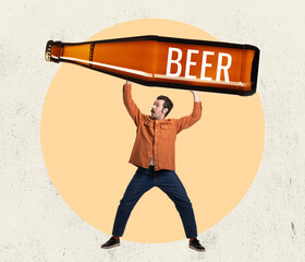 Contemporary art collage. Inspiration, idea, trendy urban magazine style. Young man raising huge beer bottle over his head isolated on light background