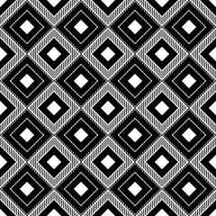 Repeated black diamonds and strokes. Ikat wallpaper. Seamless surface pattern design with rhombuses ornament. Lozenge motif. Digital paper for page fills, textile print, web designing. Ethnic vector