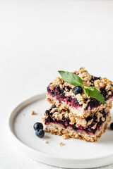 Homemade blueberry crumble bars on a plate with mint on white textured background close up isolated with text space