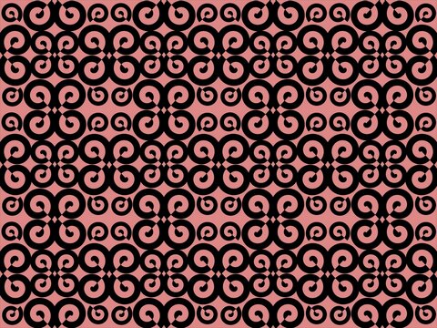 A pastel pink background with black arabesc pattern