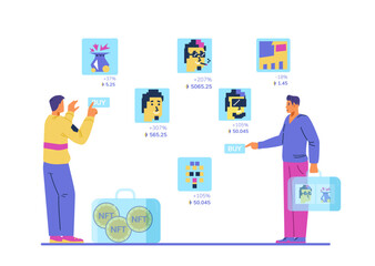 Two men art collectors in NFT art gallery choosing and buying art flat vector illustration. Cryptoart exhibition concept.