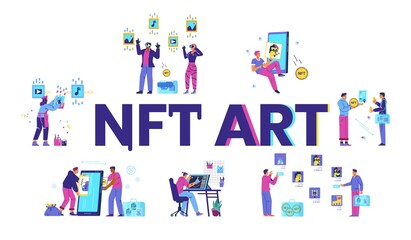 NFT non fungible token cocept vector banner. People creating, selling, choosing and buying NFT art  illustrations.