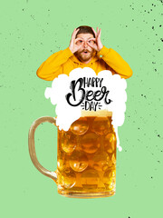 Funny man sticks out from huge beer mug. Contemporary art collage. magazine style. Concept of...