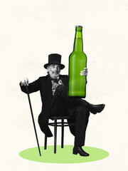 Senior man sitting and holding huge beer bottle. Contemporary art collage. magazine style. Concept of festival, holidays, party, beer, drinks and snacks, oktoberfest