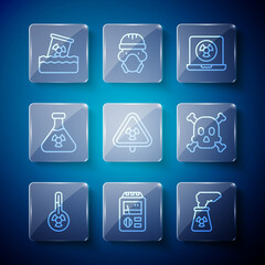 Set line Meteorology thermometer, Dosimeter, Nuclear power plant, laptop, Triangle with radiation, Test tube, Radioactive waste in barrel and Bones and skull warning icon. Vector