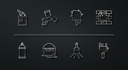 Set line Paint bucket with brush, spray can, Painting the house, RGB, gun, roller and icon. Vector