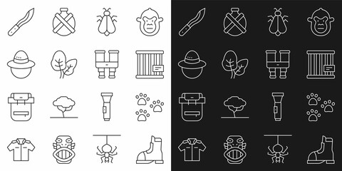 Set line Hunter boots, Paw print, Animal cage, Mosquito, Tropical leaves, Camping hat, Machete and Binoculars icon. Vector