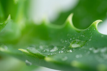 Macro shot of aloe vera leaf with water drops.