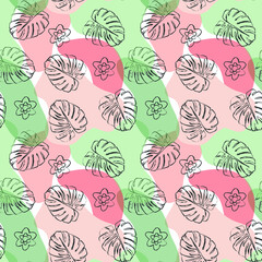 Tropical seamless pattern. Hand drawn monstera leaves, flowers and watercolor spots on white background. Exotic design print. Vector illustration.