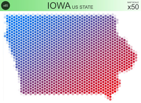Dotted map of the state of Iowa in the USA, from circles placed in hexagons. Scaled 50x50 elements. With rough edges from a color gradient and a smooth gradient from one color to another.