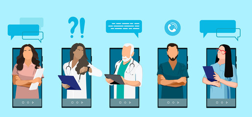 Outline Landing Page Doctor Consultation. Different Free Available Medical Specialist. Professional Telemedicine and Healthcare. Cartoon Design Illustration. Vector illustration