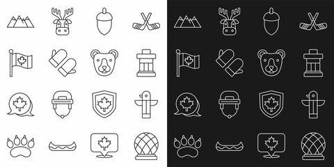 Set line Montreal Biosphere, Canadian totem pole, Inukshuk, Acorn, Christmas mitten, Flag of Canada, Mountains and Bear head icon. Vector