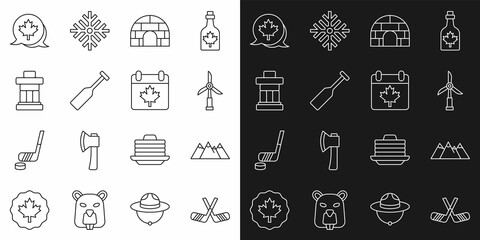 Set line Ice hockey sticks, Mountains, Wind turbine, Igloo ice house, Paddle, Inukshuk, Canadian maple leaf and Canada day with icon. Vector