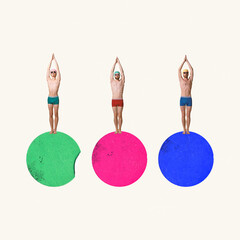 Contemporary art collage. Creative design. Three men in swimming cap preparing to dive. Swimming...
