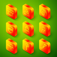 Set line Road barrier, Burning car, No fire, Emergency call 911, Firefighter, Flasher siren, helmet and axe icon. Vector