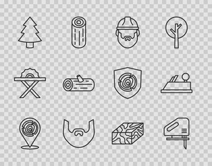 Set line Wooden logs, Electric jigsaw, Lumberjack, Mustache and beard, Christmas tree, beam and plane tool icon. Vector