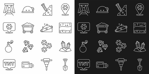 Set line Shovel, Gem stone, Gold mine, Construction jackhammer, Mine coal trolley, entrance and Conveyor belt carrying icon. Vector