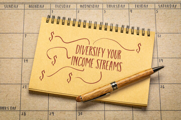 diversify your income streams note - writing in a notebook, business and financial concept