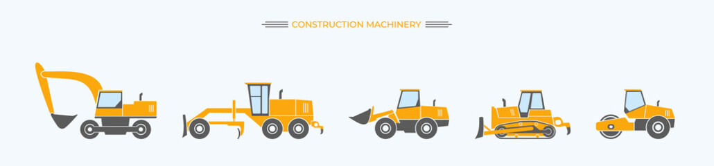 
Construction heavy machinery isolated set. Special equipment for construction work. Excavator, tractor, bulldozers, asphalt road roller, road grader.Commercial vehicles.Flat vector illustration. Icon