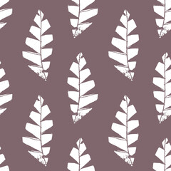 Mono print style leaves seamless vector pattern background. Textured cut out grunge foliage backdrop. Hand crafted painterly organic geometric design. Neutral duotone all over print for packaging