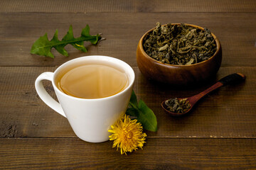 Yellow meadow dandelions with tea and dry leaves in bowl, top view